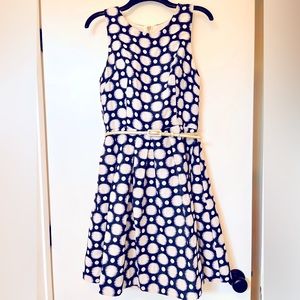 Eliza J cocktail dress, navy & cream polka dot with metallic belt & pockets